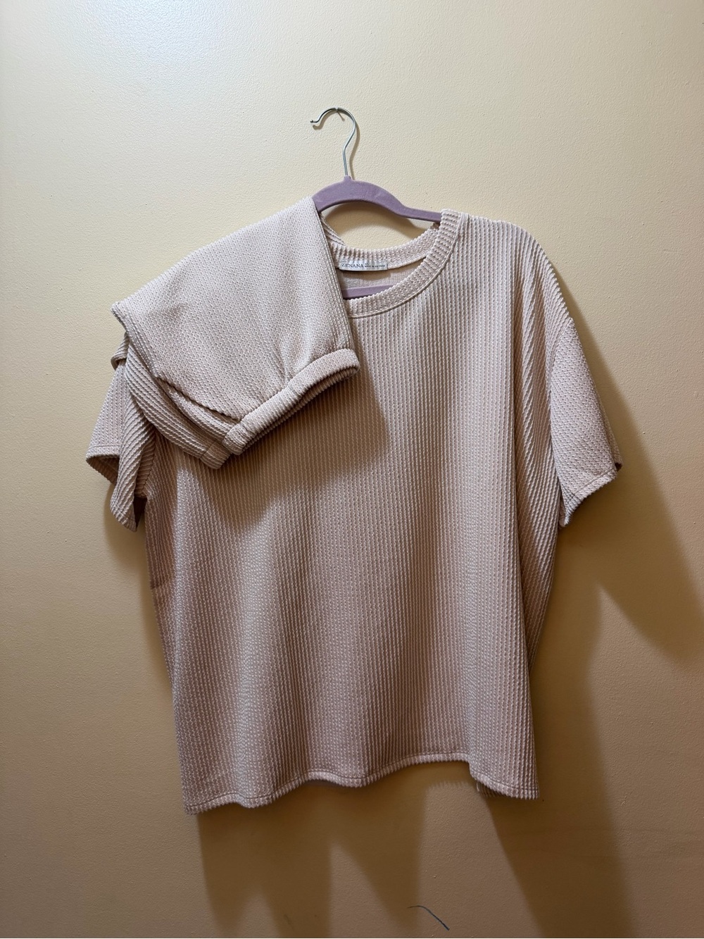 Zenana Outfitters Beige Waffle Knit Short Sleeve Top and shorts
